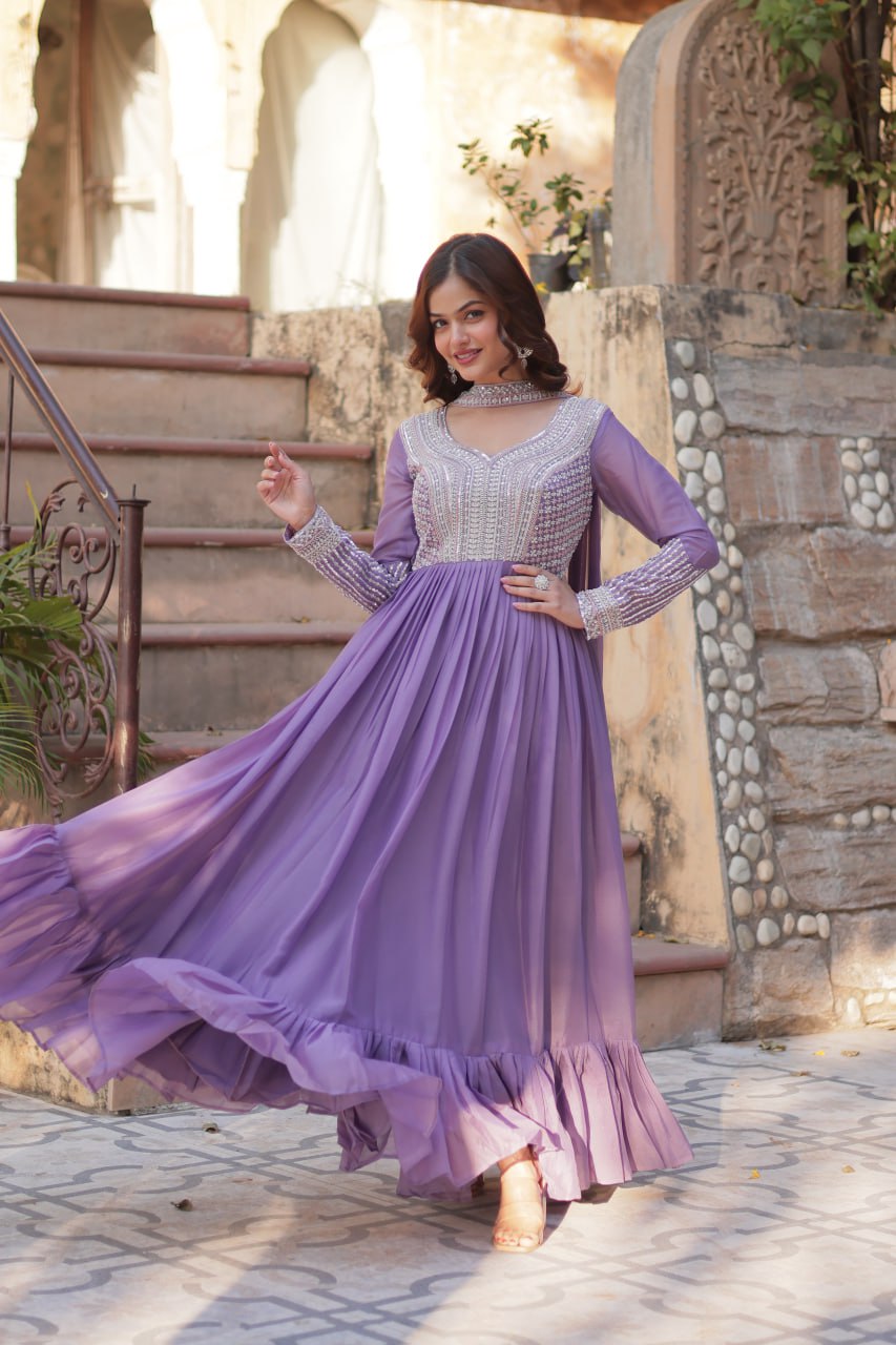 Sonakshi Women's Lavender Star Georgette Embroidered Beads Sequins Work Anarkali Gown Set With Dupatta | Grocsy