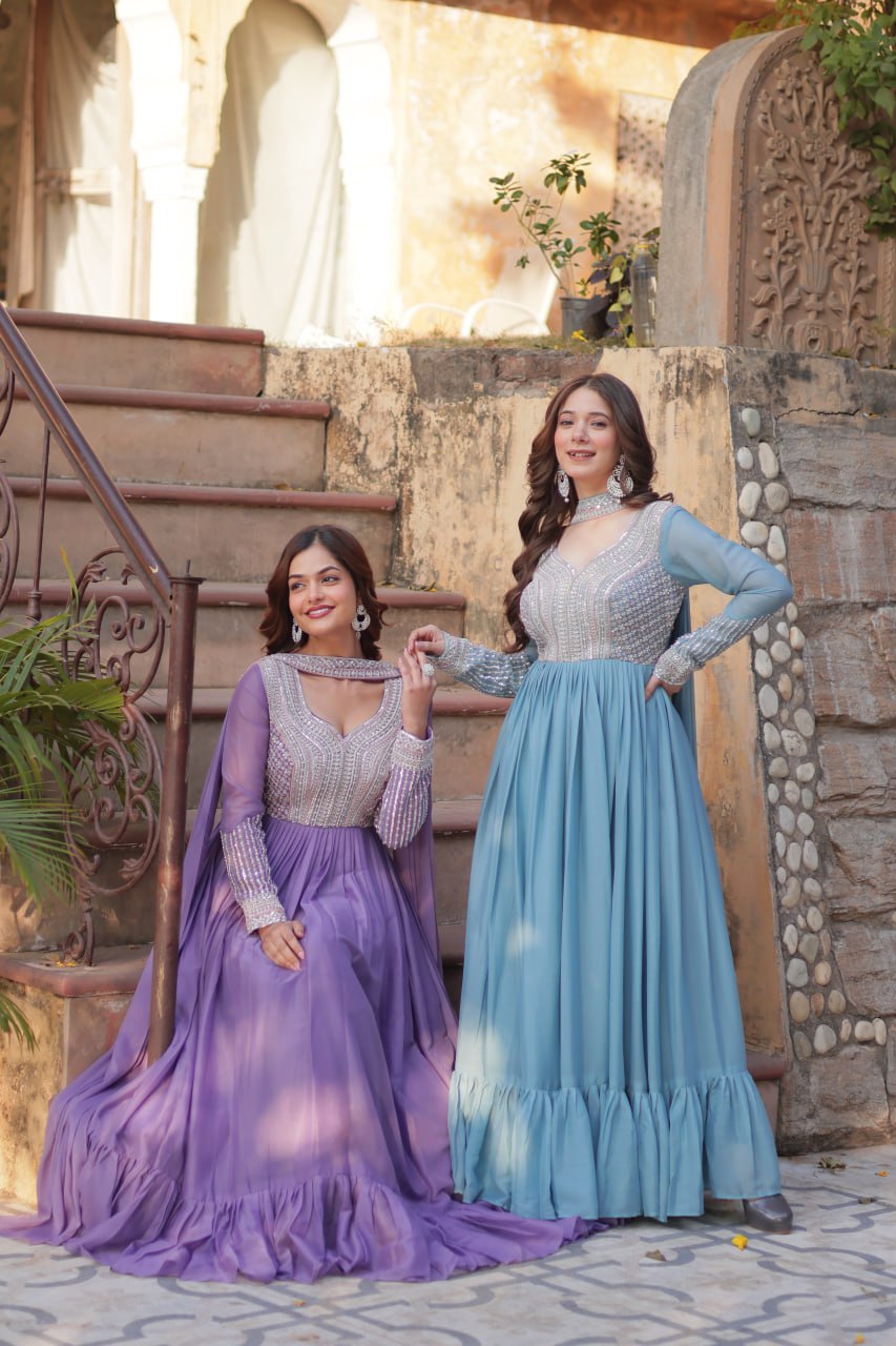Sonakshi Women's Lavender & Seagreen Star Georgette Embroidered Beads Sequins Work Anarkali Gown Set With Dupatta | Grocsy