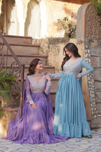 Sonakshi Women's Lavender & Seagreen Star Georgette Embroidered Beads Sequins Work Anarkali Gown Set With Dupatta | Grocsy