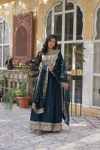 Sonakshi Women's Rama Faux Blooming Embroidered Beads Sequins Work Anarkali Gown Set With Dupatta | Grocsy