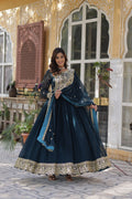 Sonakshi Women's Rama Faux Blooming Embroidered Beads Sequins Work Anarkali Gown Set With Dupatta | Grocsy