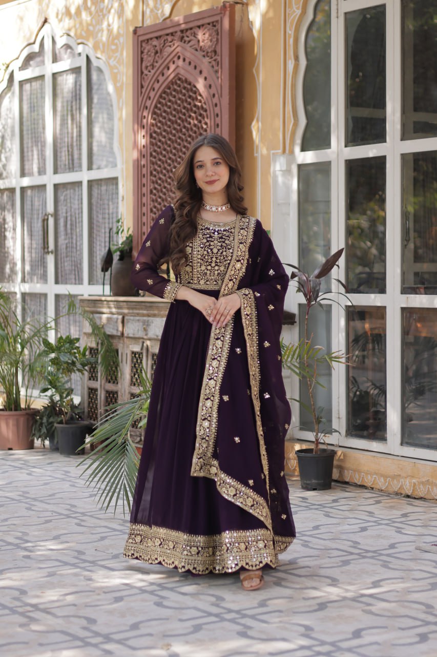 Sonakshi Women's Wine Faux Blooming Embroidered Beads Sequins Work Anarkali Gown Set With Dupatta | Grocsy
