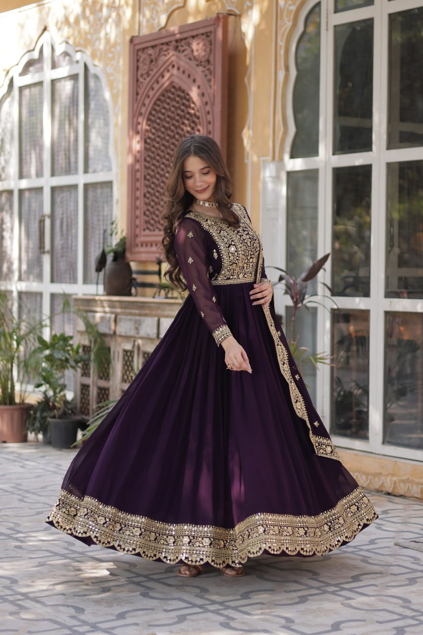 Sonakshi Women's Wine Faux Blooming Embroidered Beads Sequins Work Anarkali Gown Set With Dupatta | Grocsy