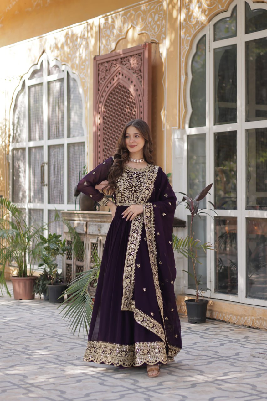 Sonakshi Women's Wine Faux Blooming Embroidered Beads Sequins Work Anarkali Gown Set With Dupatta | Grocsy