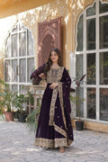 Sonakshi Women's Wine Faux Blooming Embroidered Beads Sequins Work Anarkali Gown Set With Dupatta | Grocsy