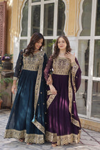 Sonakshi Women's Rama & Wine Faux Blooming Embroidered Beads Sequins Work Anarkali Gown Set With Dupatta | Grocsy