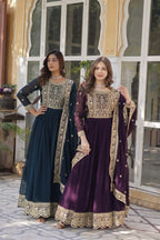 Sonakshi Women's Rama & Wine Faux Blooming Embroidered Beads Sequins Work Anarkali Gown Set With Dupatta | Grocsy