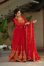 Sonakshi Women's Red Faux Blooming Embroidered Zari Sequence Work Anarkali Gown Set With Dupatta | Grocsy