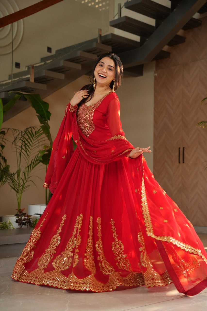 Sonakshi Women's Red Faux Blooming Embroidered Zari Sequence Work Anarkali Gown Set With Dupatta | Grocsy