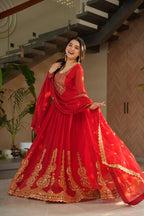 Sonakshi Women's Red Faux Blooming Embroidered Zari Sequence Work Anarkali Gown Set With Dupatta | Grocsy