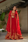 Sonakshi Women's Red Faux Blooming Embroidered Zari Sequence Work Anarkali Gown Set With Dupatta | Grocsy