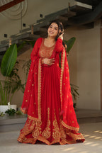 Sonakshi Women's Red Faux Blooming Embroidered Zari Sequence Work Anarkali Gown Set With Dupatta | Grocsy
