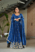 Sonakshi Women's Blue Chinnon Embroidered Zari Sequence Work Anarkali Gown Set With Dupatta | Grocsy