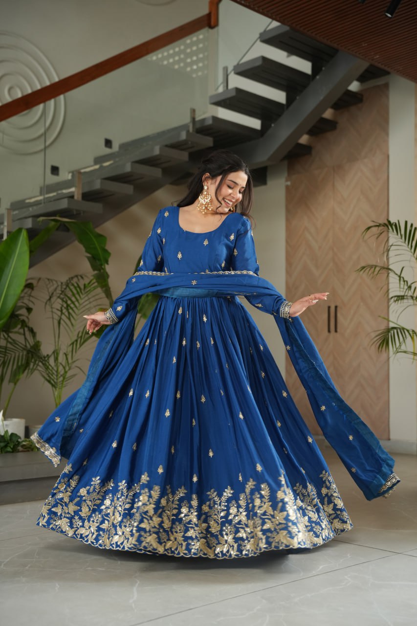 Sonakshi Women's Blue Chinnon Embroidered Zari Sequence Work Anarkali Gown Set With Dupatta | Grocsy