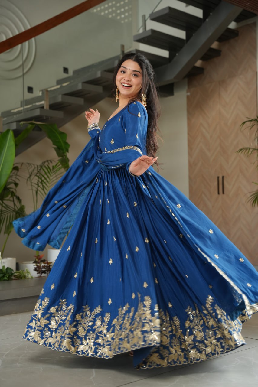 Sonakshi Women's Blue Chinnon Embroidered Zari Sequence Work Anarkali Gown Set With Dupatta | Grocsy