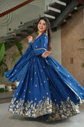 Sonakshi Women's Blue Chinnon Embroidered Zari Sequence Work Anarkali Gown Set With Dupatta | Grocsy
