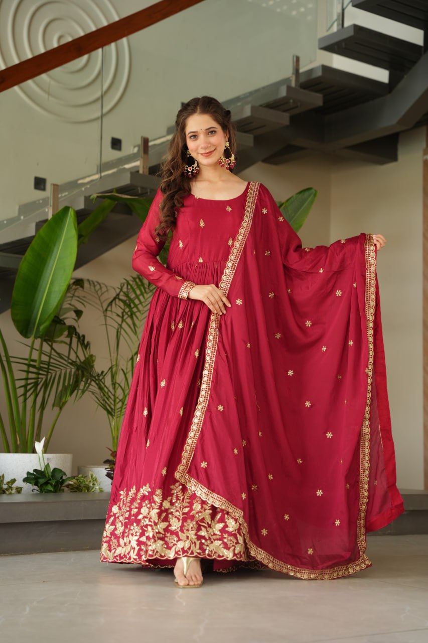 Sonakshi Women's Maroon Chinnon Embroidered Zari Sequence Work Anarkali Gown Set With Dupatta | Grocsy