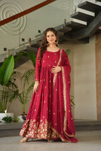 Sonakshi Women's Maroon Chinnon Embroidered Zari Sequence Work Anarkali Gown Set With Dupatta | Grocsy