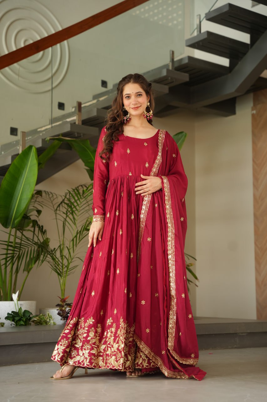 Sonakshi Women's Maroon Chinnon Embroidered Zari Sequence Work Anarkali Gown Set With Dupatta | Grocsy