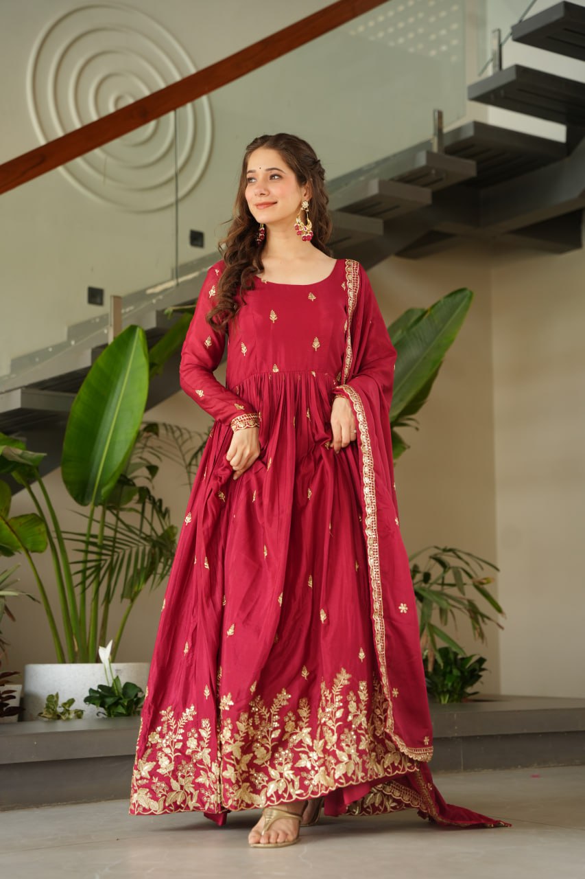 Sonakshi Women's Maroon Chinnon Embroidered Zari Sequence Work Anarkali Gown Set With Dupatta | Grocsy