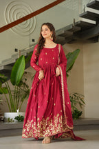 Sonakshi Women's Maroon Chinnon Embroidered Zari Sequence Work Anarkali Gown Set With Dupatta | Grocsy