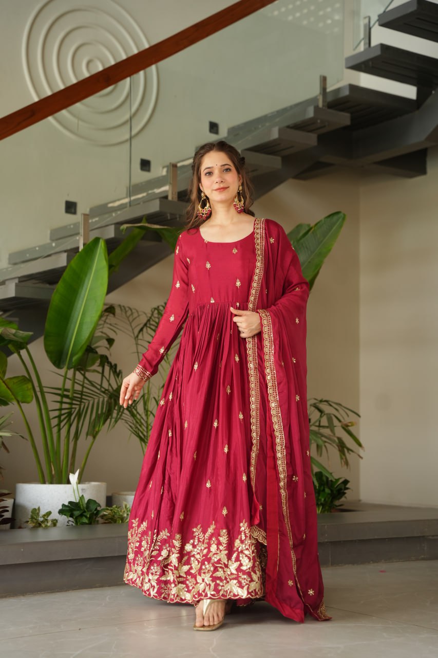 Sonakshi Women's Maroon Chinnon Embroidered Zari Sequence Work Anarkali Gown Set With Dupatta | Grocsy