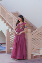 Sonakshi Women's Onion Kora Cotton Multi Thread Embroidered Anarkali Gown Set | Grocsy