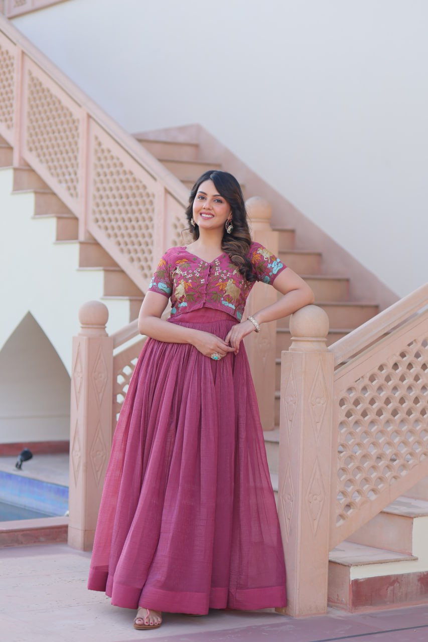 Sonakshi Women's Onion Kora Cotton Multi Thread Embroidered Anarkali Gown Set | Grocsy