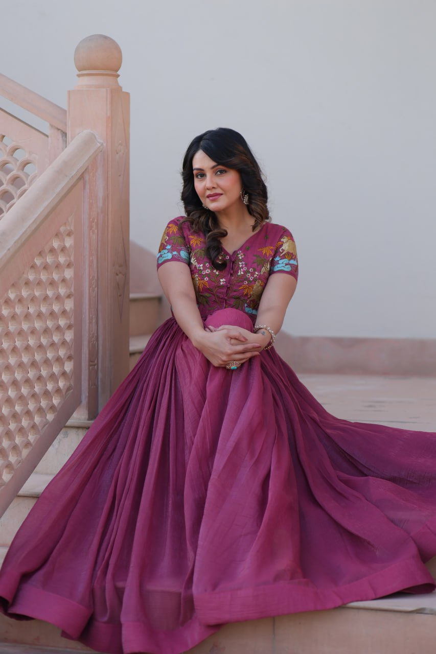 Sonakshi Women's Onion Kora Cotton Multi Thread Embroidered Anarkali Gown Set | Grocsy