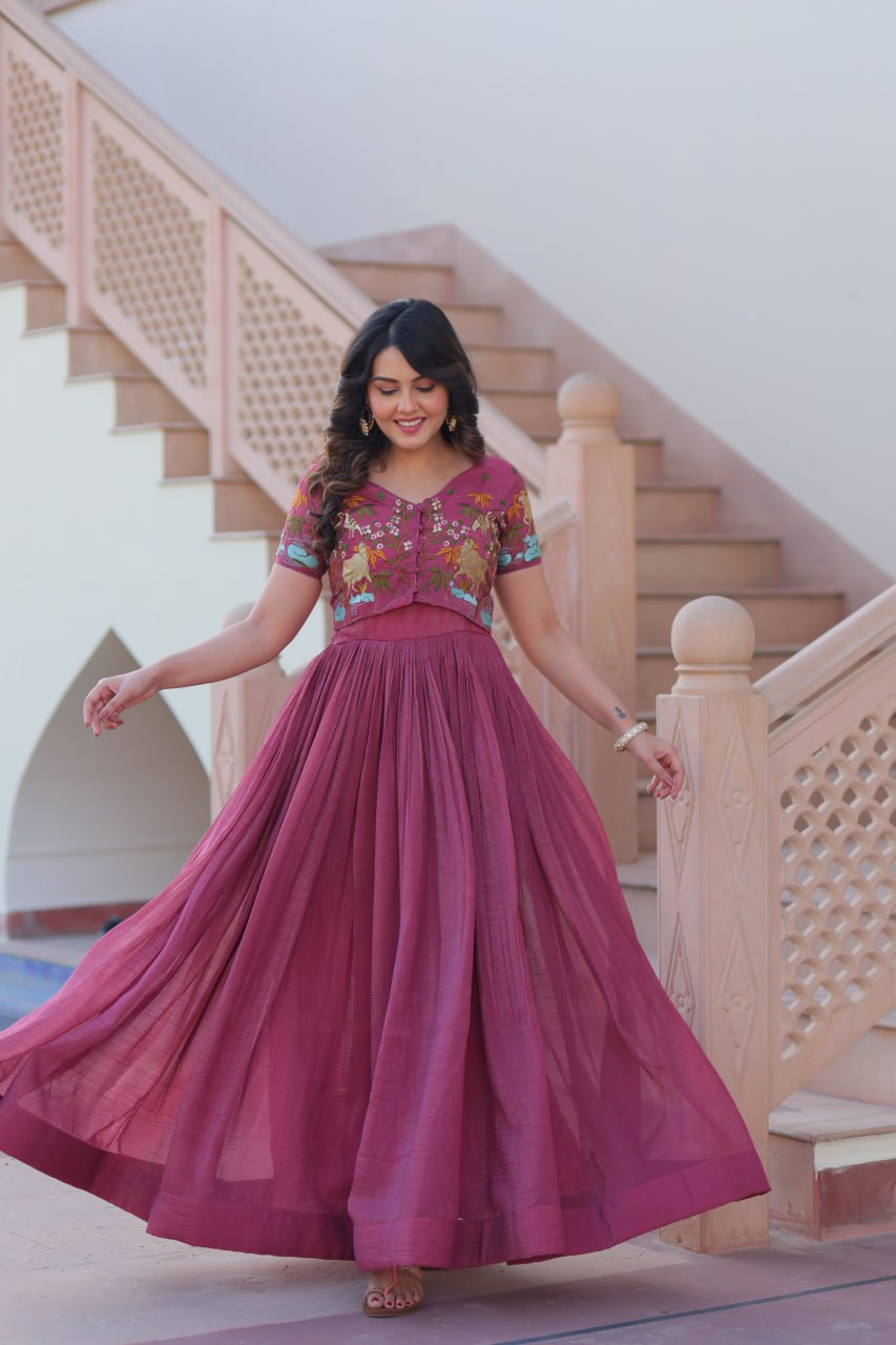 Sonakshi Women's Onion Kora Cotton Multi Thread Embroidered Anarkali Gown Set | Grocsy