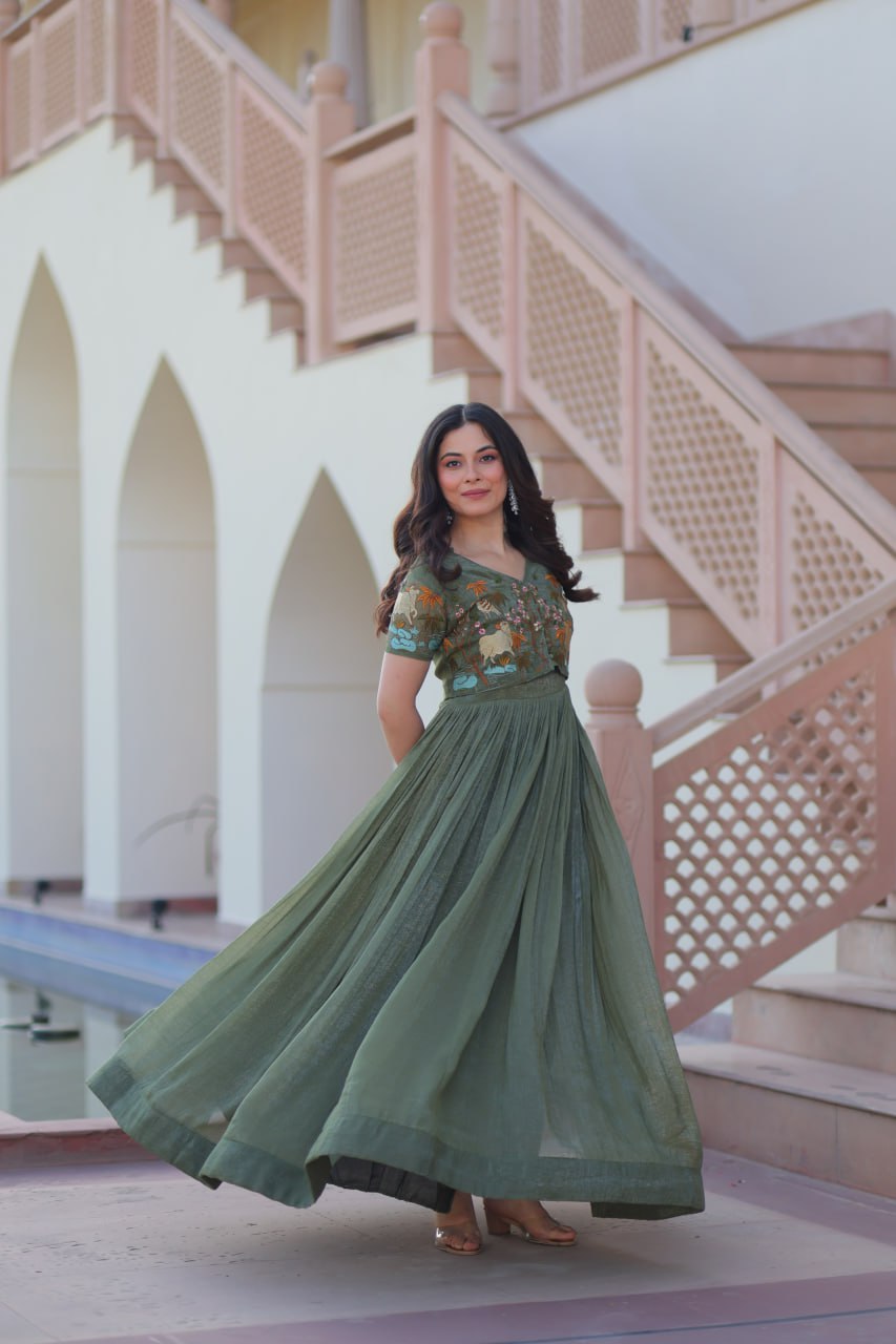 Sonakshi Women's Seagreen Kora Cotton Multi Thread Embroidered Anarkali Gown Set | Grocsy