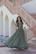 Sonakshi Women's Seagreen Kora Cotton Multi Thread Embroidered Anarkali Gown Set | Grocsy
