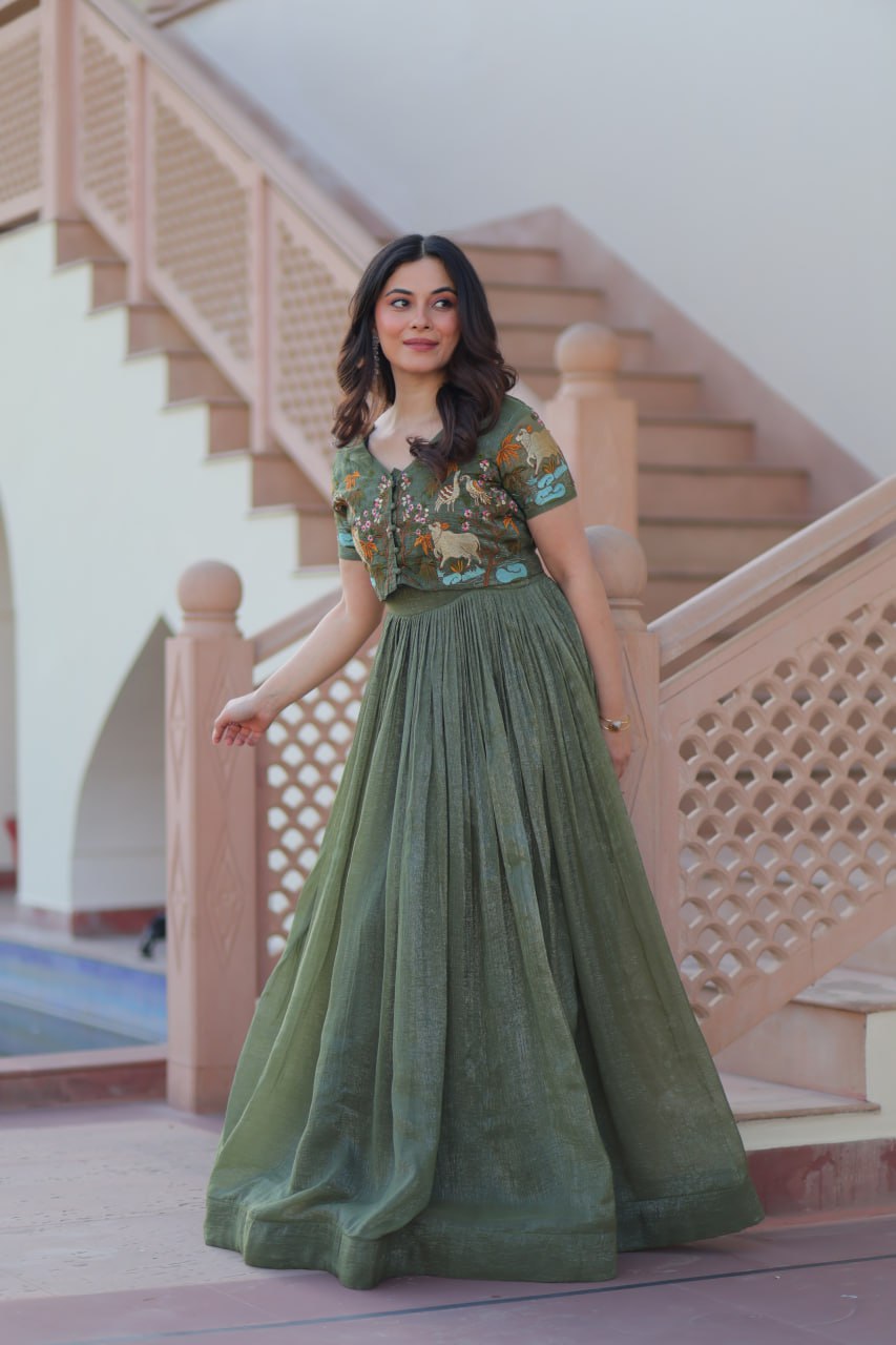Sonakshi Women's Seagreen Kora Cotton Multi Thread Embroidered Anarkali Gown Set | Grocsy