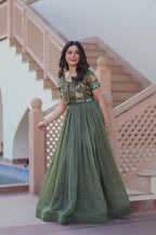 Sonakshi Women's Seagreen Kora Cotton Multi Thread Embroidered Anarkali Gown Set | Grocsy