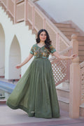 Sonakshi Women's Seagreen Kora Cotton Multi Thread Embroidered Anarkali Gown Set | Grocsy