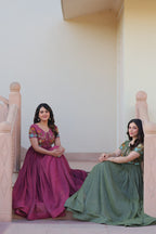 Sonakshi Women's Onion & Seagreen Kora Cotton Multi Thread Embroidered Anarkali Gown Set | Grocsy
