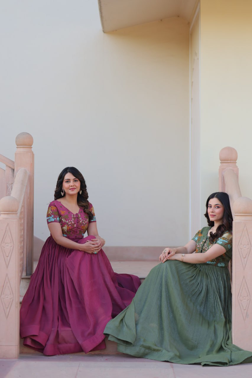 Sonakshi Women's Onion & Seagreen Kora Cotton Multi Thread Embroidered Anarkali Gown Set | Grocsy