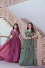 Sonakshi Women's Onion & Seagreen Kora Cotton Multi Thread Embroidered Anarkali Gown Set | Grocsy
