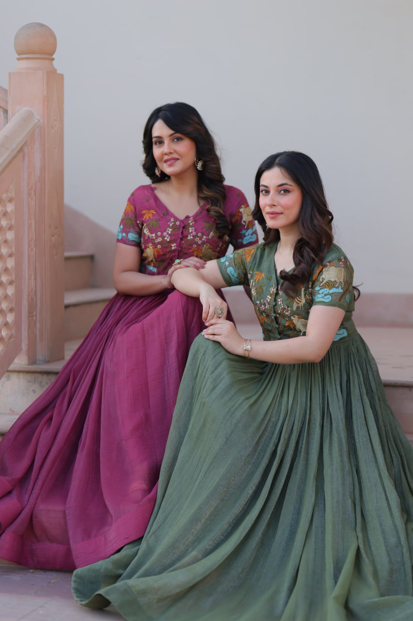 Sonakshi Women's Onion & Seagreen Kora Cotton Multi Thread Embroidered Anarkali Gown Set | Grocsy
