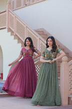 Sonakshi Women's Onion & Seagreen Kora Cotton Multi Thread Embroidered Anarkali Gown Set | Grocsy