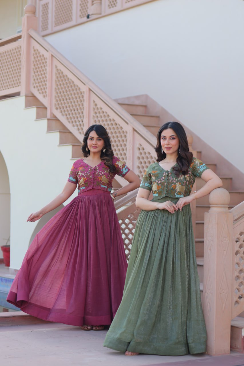 Sonakshi Women's Onion & Seagreen Kora Cotton Multi Thread Embroidered Anarkali Gown Set | Grocsy