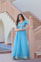 Sonakshi Women's Sky Gold Crush Multi Thread Embroidery Zari Sequince Work Anarkali Gown Set | Grocsy