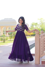 Sonakshi Women's Purple Faux Blooming Sequince Multi Threaded Beads Embroidered Work Anarkali Gown Set | Grocsy