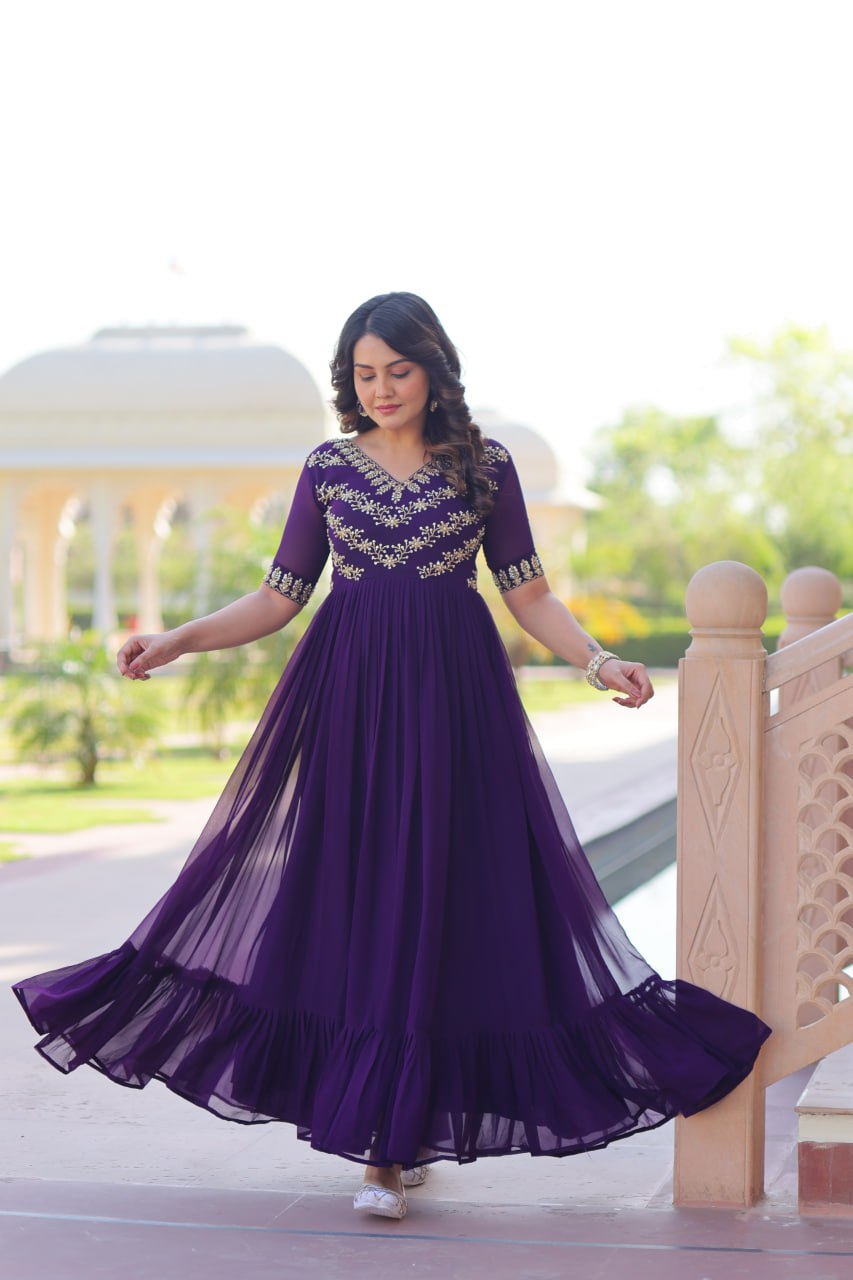 Sonakshi Women's Purple Faux Blooming Sequince Multi Threaded Beads Embroidered Work Anarkali Gown Set | Grocsy