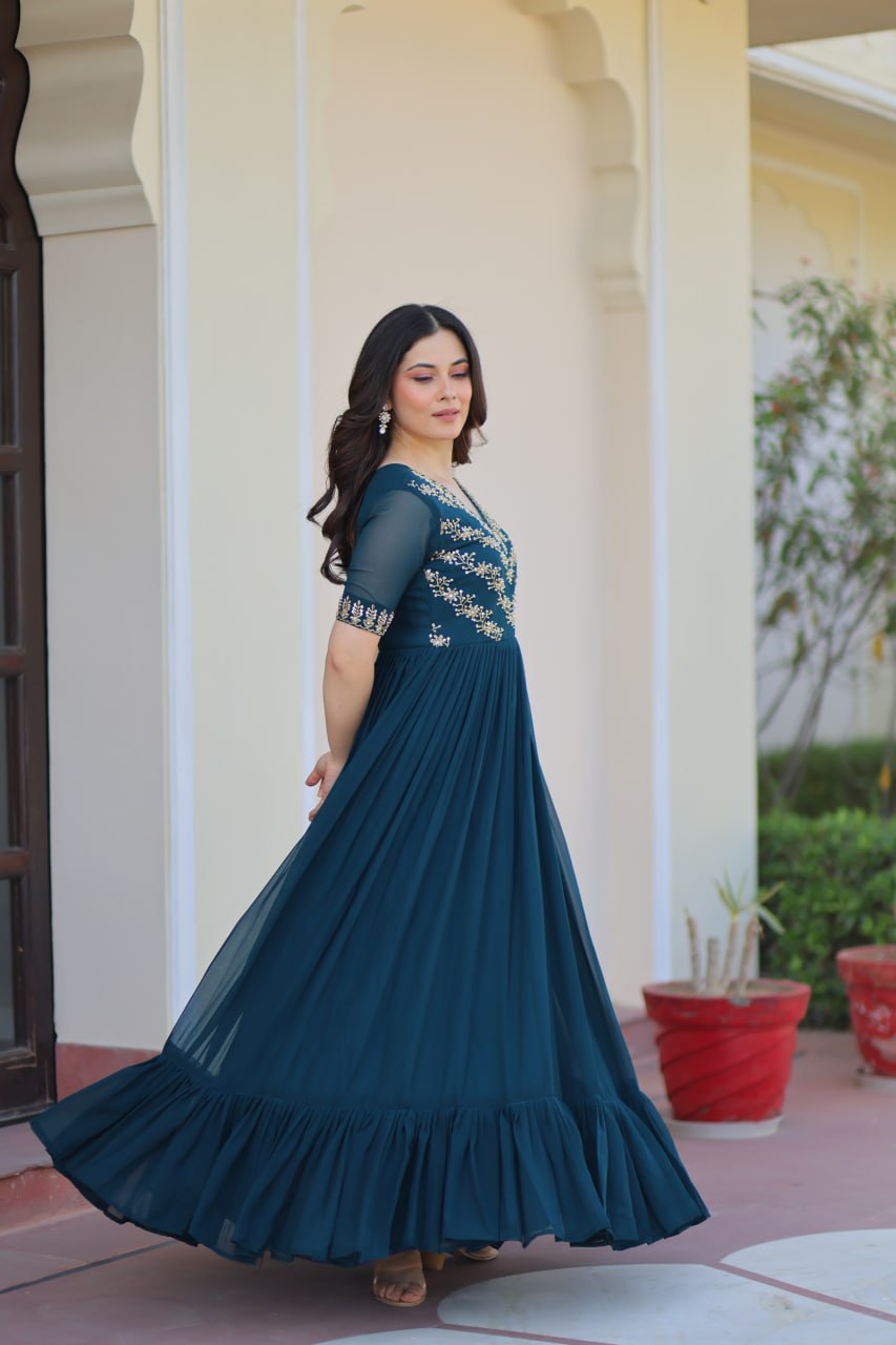 Sonakshi Women's Rama Faux Blooming Sequince Multi Threaded Beads Embroidered Work Anarkali Gown Set | Grocsy