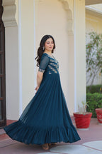 Sonakshi Women's Rama Faux Blooming Sequince Multi Threaded Beads Embroidered Work Anarkali Gown Set | Grocsy