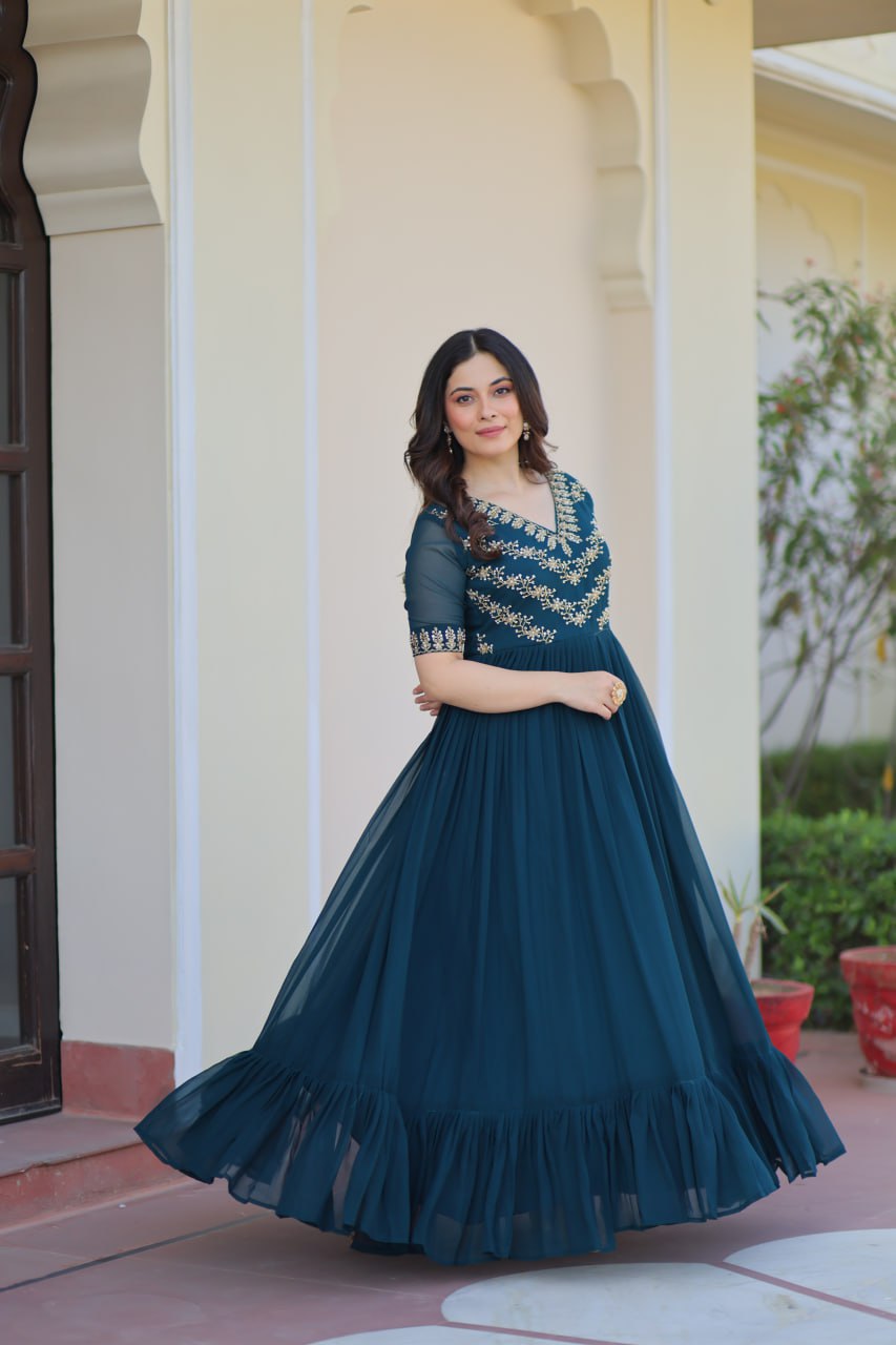 Sonakshi Women's Rama Faux Blooming Sequince Multi Threaded Beads Embroidered Work Anarkali Gown Set | Grocsy