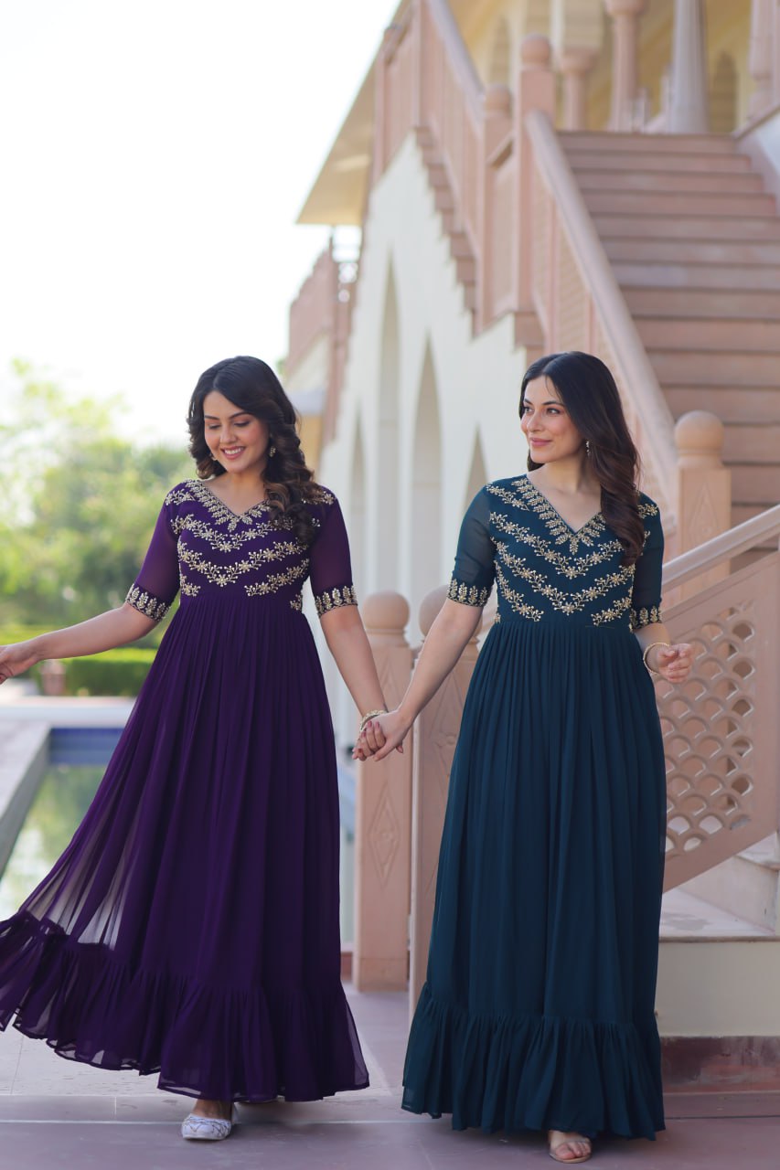 Sonakshi Women's Purple & Rama Faux Blooming Beads embroidery-work Anarkali Gown Set | Grocsy