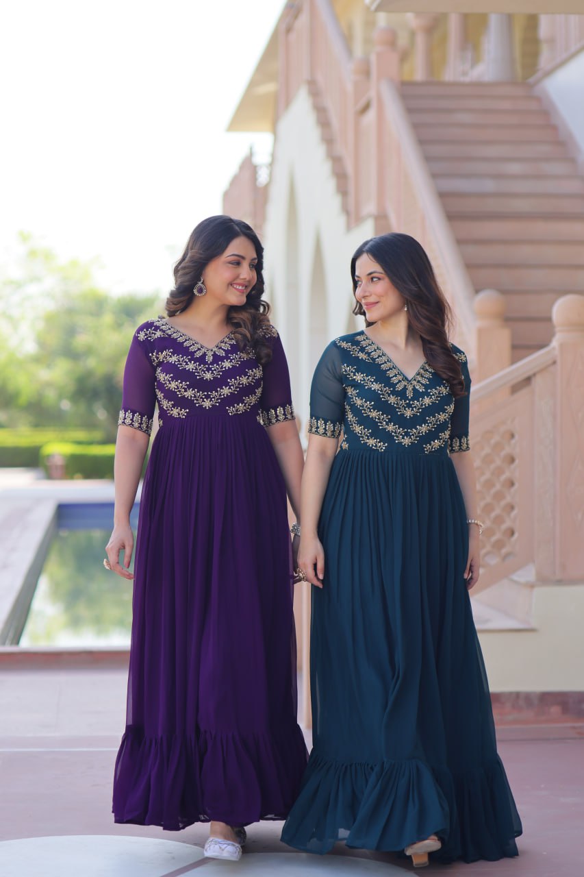 Sonakshi Women's Purple & Rama Faux Blooming Beads embroidery-work Anarkali Gown Set | Grocsy