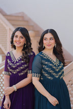 Sonakshi Women's Purple & Rama Faux Blooming Beads embroidery-work Anarkali Gown Set | Grocsy